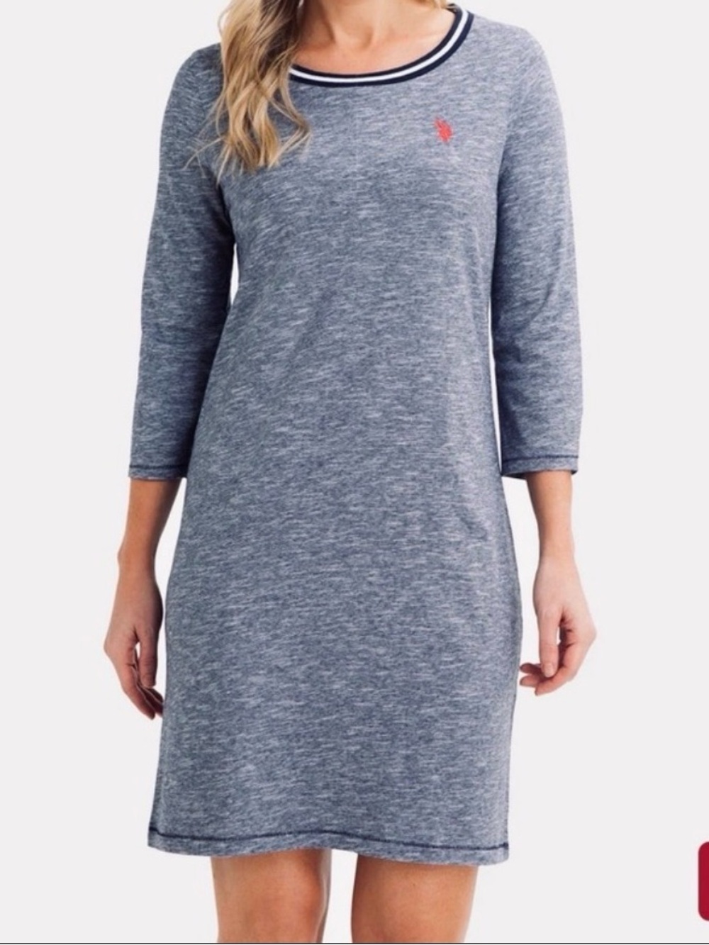 U.S. Polo Assn. T-Shirt Dress Mini Navy White Striped Crew 3/4 Sleeves Logo M/L